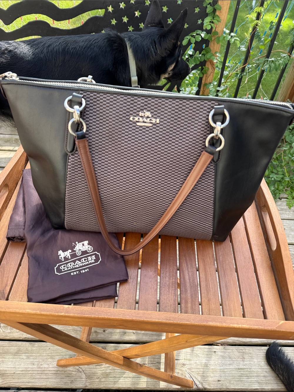 Coach Black & Gray Tote with Brown Handles